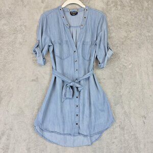 Bebe Dress Womens Small Blue Chambray Button Front Belted Shirt Dress Hi Low